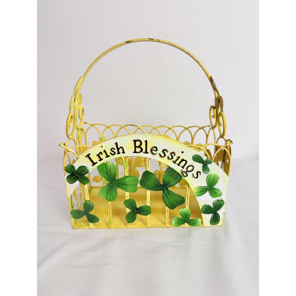 Yellow Metal Irish Blessings Basket With Handle